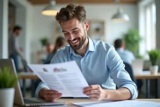 Salarié du privé consultant des documents de logement sur son bureau dans un espace de travail moderne