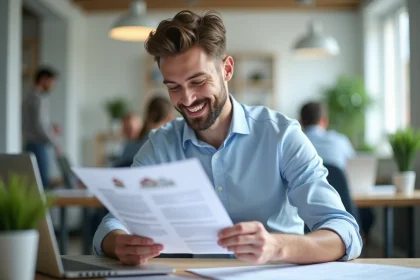 Salarié du privé consultant des documents de logement sur son bureau dans un espace de travail moderne