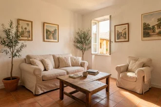 Salon meublé dans un appartement à louer dans l'Aude avec canapé en lin et carrelage en terre cuite