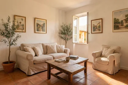 Salon meublé dans un appartement à louer dans l'Aude avec canapé en lin et carrelage en terre cuite