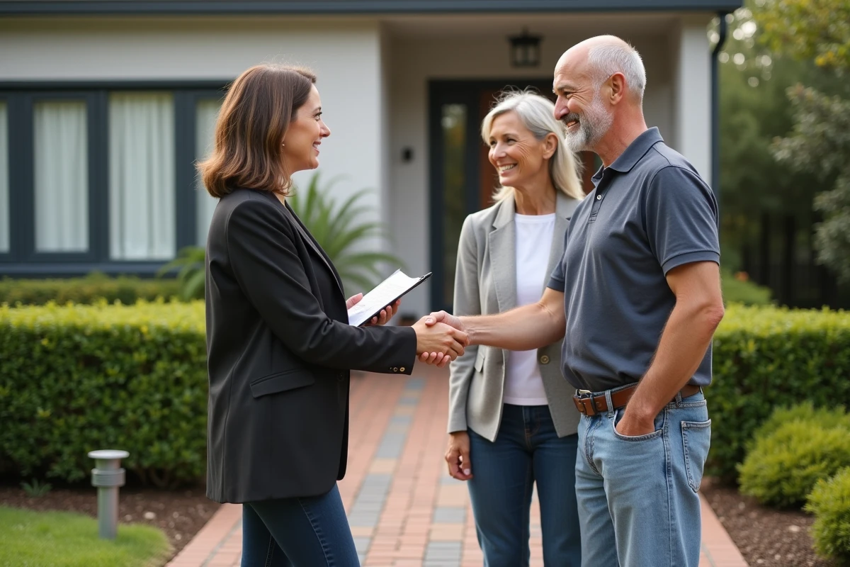 Couple et agent immobilier se serrant la main devant une maison