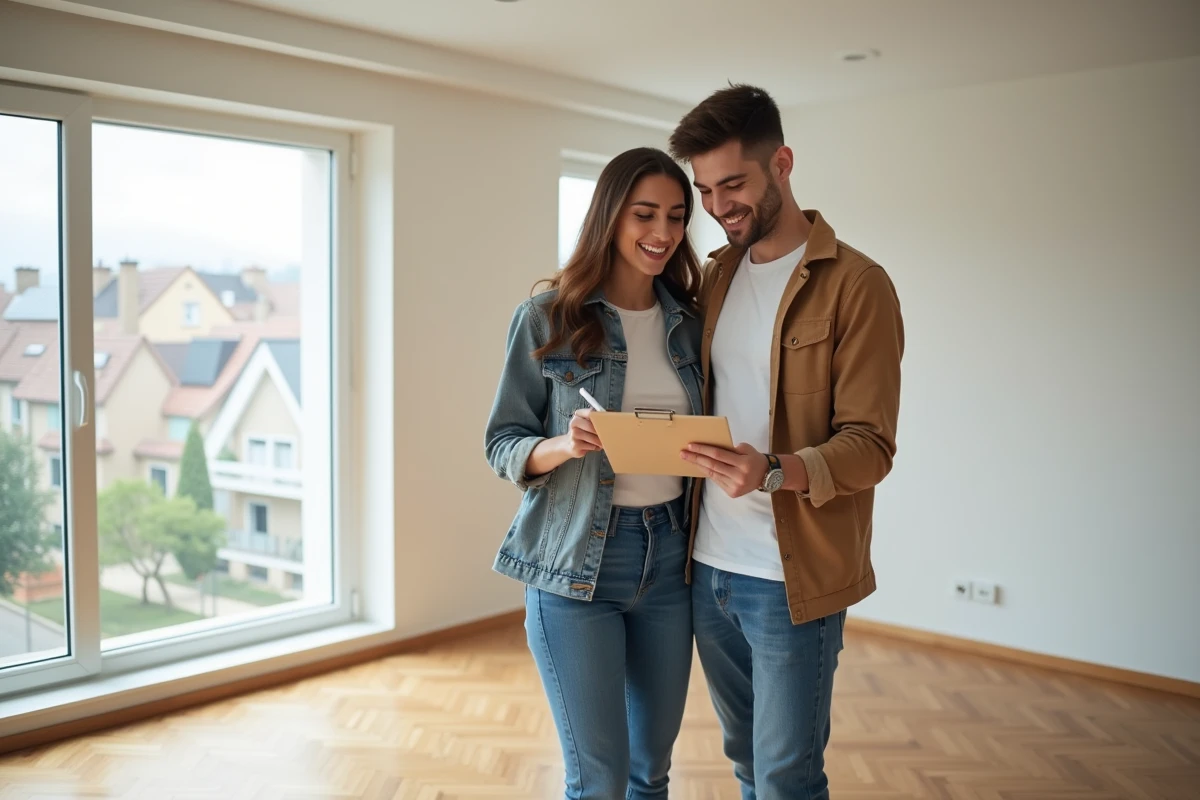 Jeune couple signant un contrat immobilier dans un appartement vide lors d'une visite