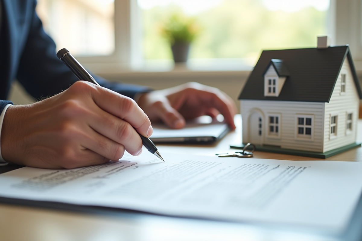 Main signant un contrat immobilier avec une maquette de maison