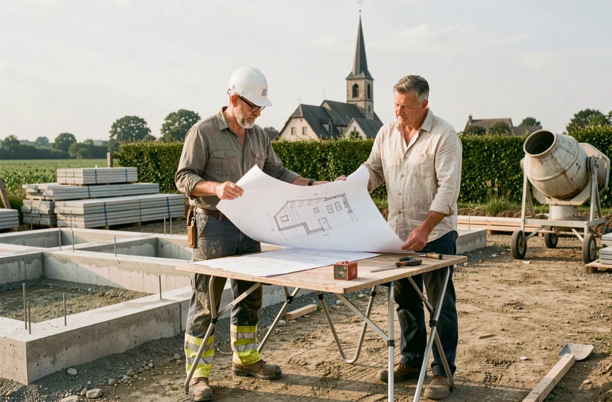 Conducteur de travaux et architecte Sovia Constructions examinant des plans techniques sur un chantier de construction résidentielle en Alsace