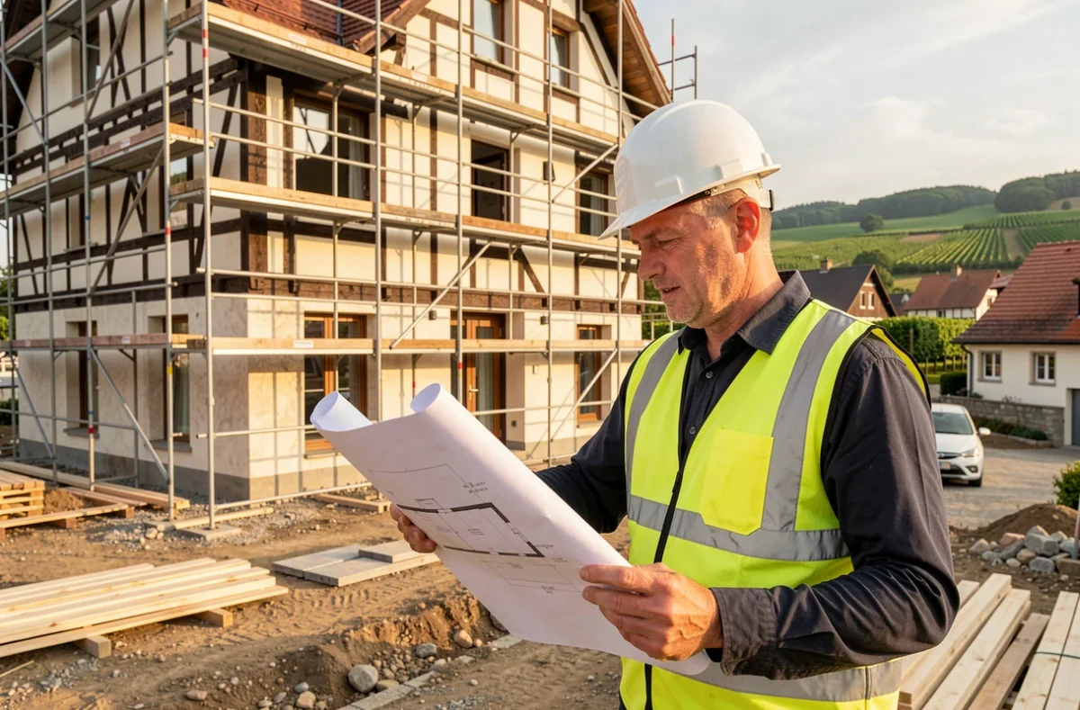 Chef de chantier Stradim consultant des plans devant un immeuble neuf en construction intégrant des éléments architecturaux alsaciens