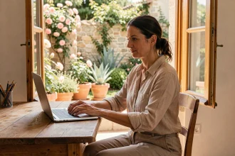 Femme en télétravail depuis une petite maison avec jardin dans les Pyrénées-Orientales, assise près d'une fenêtre ouverte avec un ordinateur portable