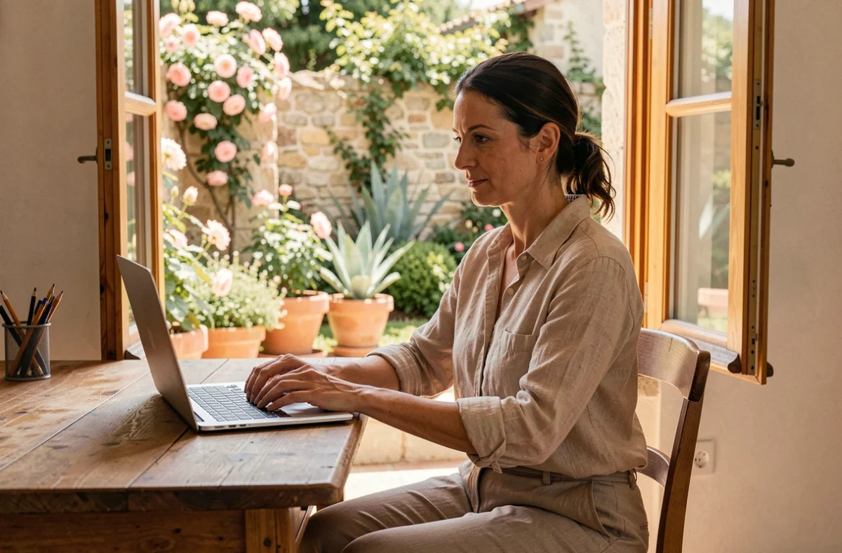 Femme en télétravail depuis une petite maison avec jardin dans les Pyrénées-Orientales, assise près d'une fenêtre ouverte avec un ordinateur portable