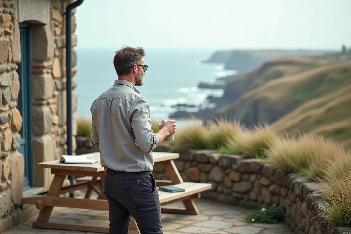 Homme en télétravail sur la terrasse d'une maison normande avec panorama sur la mer