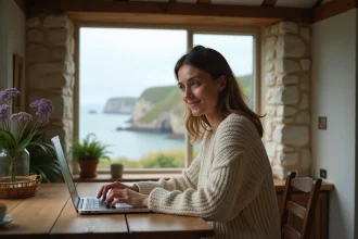 Télétravailleuse dans un cottage normand en pierre avec vue mer par la fenêtre
