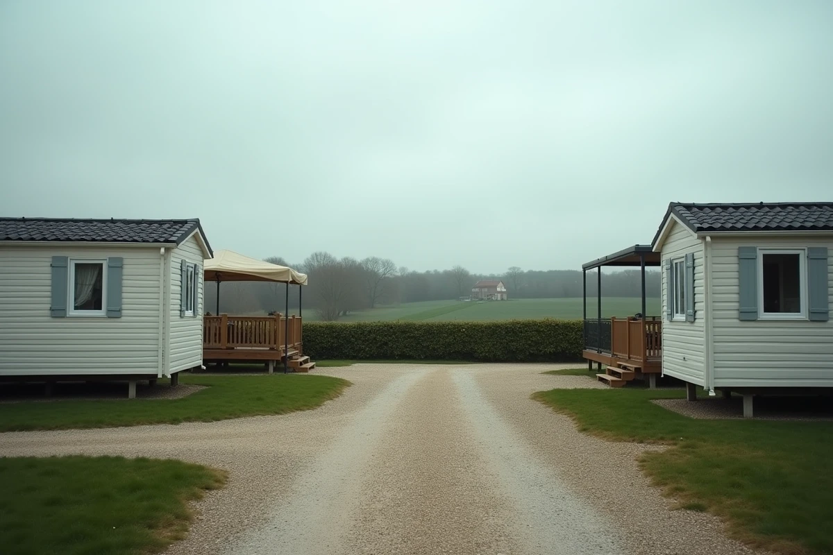 Vue large d'un terrain privé en zone rurale française avec deux mobil-homes installés, illustrant les enjeux de la loi ALUR 2026