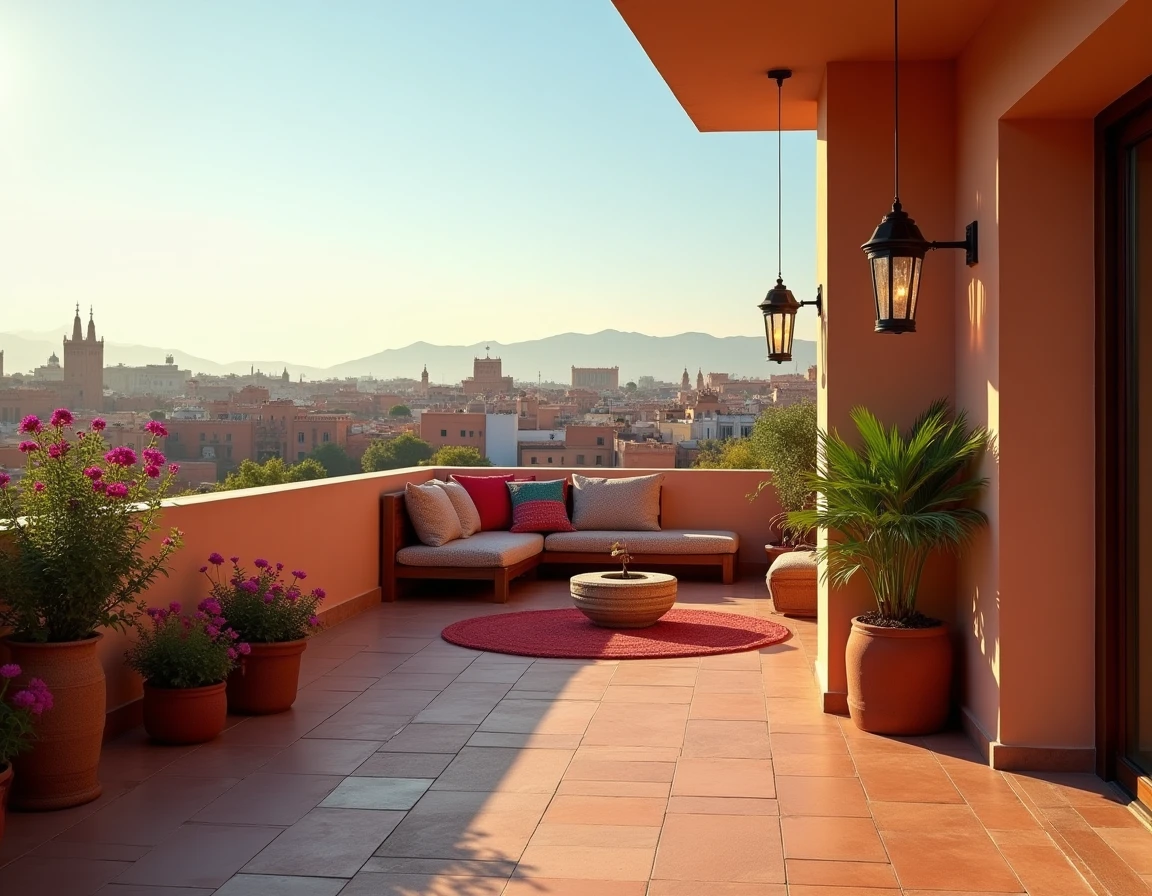 Terrasse d'appartement à Marrakech aménagée pour une location Airbnb avec vue sur la médina