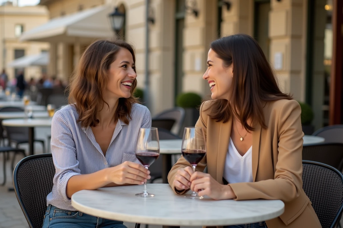 Deux femmes attablées en terrasse d'une brasserie versaillaise, profitant d'un verre de vin dans une ambiance animée et conviviale