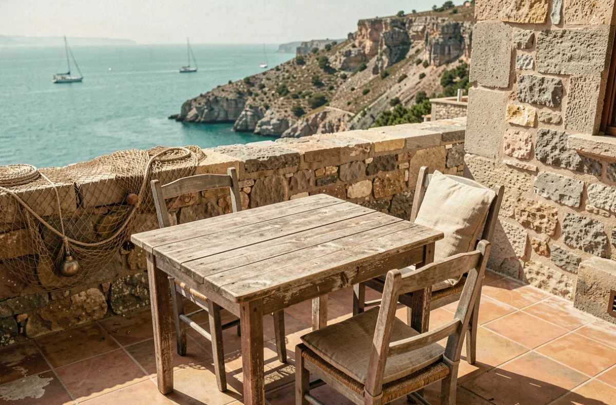 Terrasse en pierre d'une maison de pêcheur méditerranéenne avec vue sur une crique turquoise