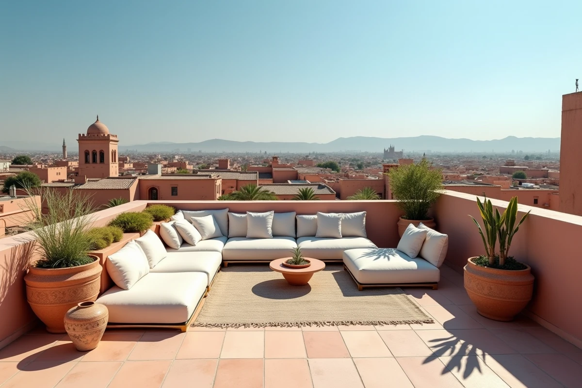 Terrasse panoramique d'une villa de luxe à Marrakech avec vue sur les toits de la médina et les montagnes de l'Atlas
