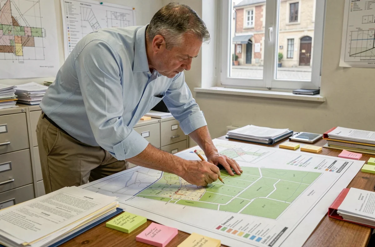 Urbaniste analysant un plan local d'urbanisme avec zones naturelles sur une carte imprimée dans un bureau municipal