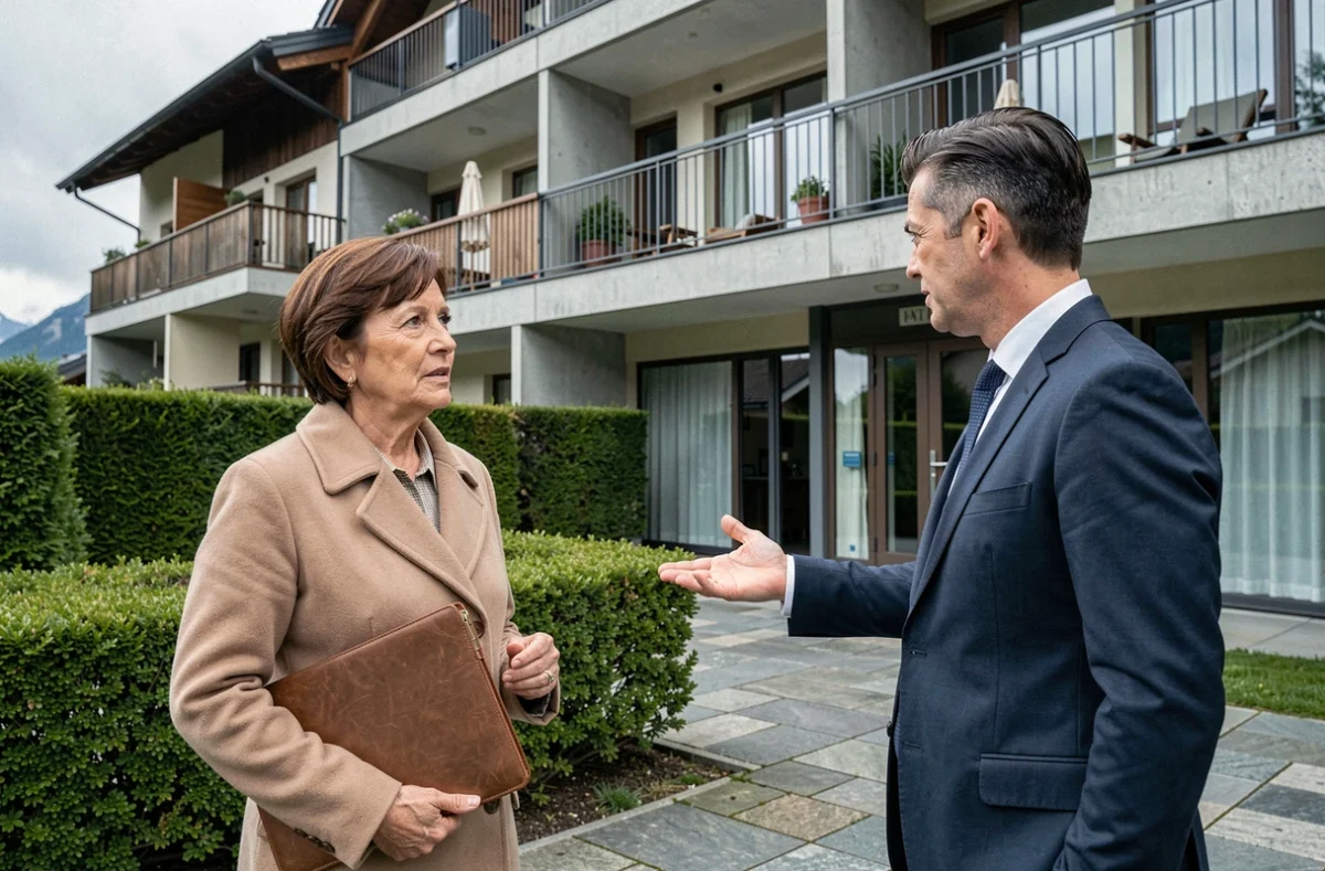 Propriétaire discutant avec un agent immobilier devant une résidence gérée Pierre et Vacances en vue d'une cession