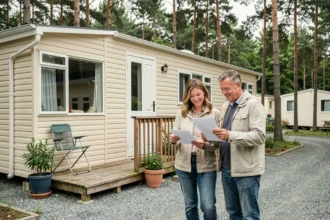 Couple examinant un mobil-home d'occasion à vendre dans un camping ouvert à l'année