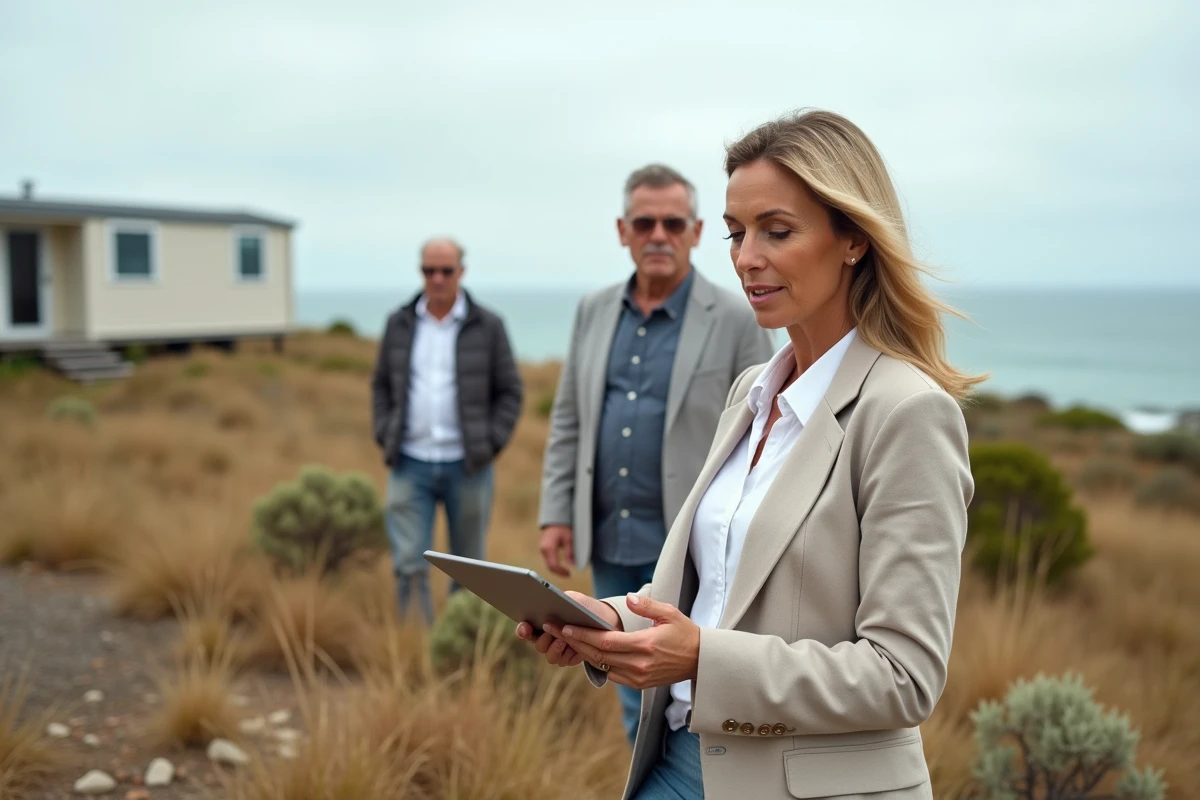 Agent immobilier présentant une parcelle de terrain avec mobil home en bord de mer à des acheteurs potentiels