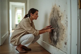 Propriétaire découvrant un vice caché d'humidité et moisissures sur le mur intérieur de sa maison