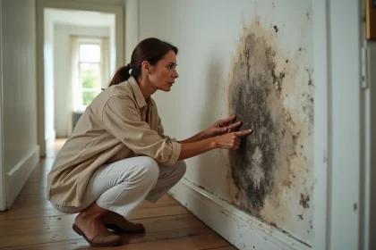 Propriétaire découvrant un vice caché d'humidité et moisissures sur le mur intérieur de sa maison