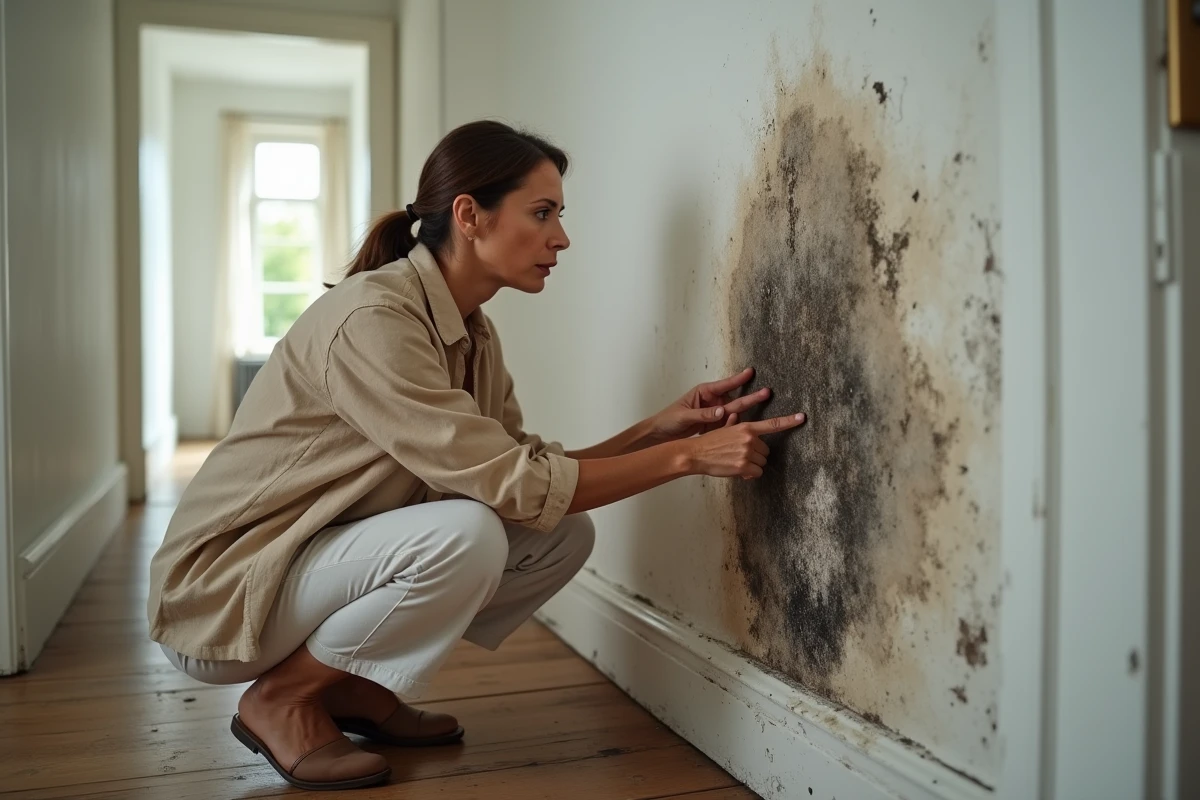 Propriétaire découvrant un vice caché d'humidité et moisissures sur le mur intérieur de sa maison