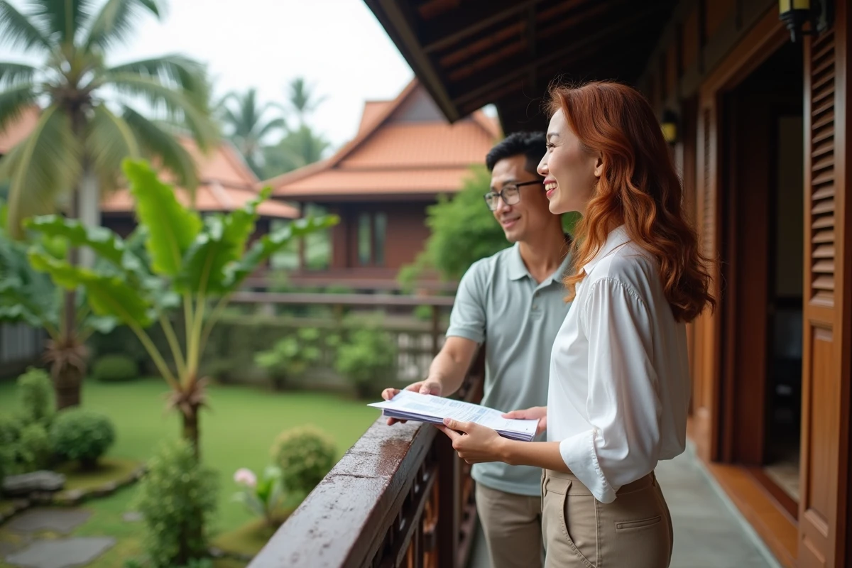 Une femme expatriée visite une maison traditionnelle thaïlandaise en bois à Chiang Mai accompagnée d'un agent immobilier local