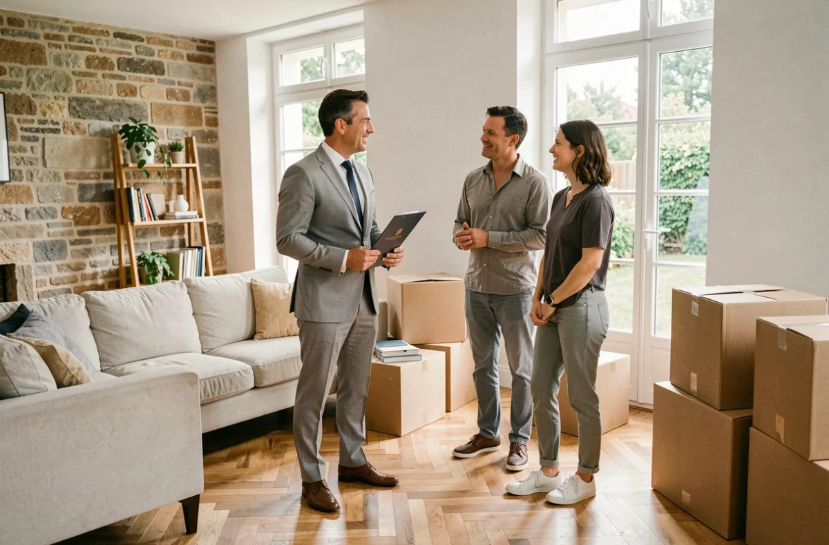Agent Yann Vrancken Immobilier avec des clients heureux dans le salon d'une propriété vendue en Seine-et-Marne